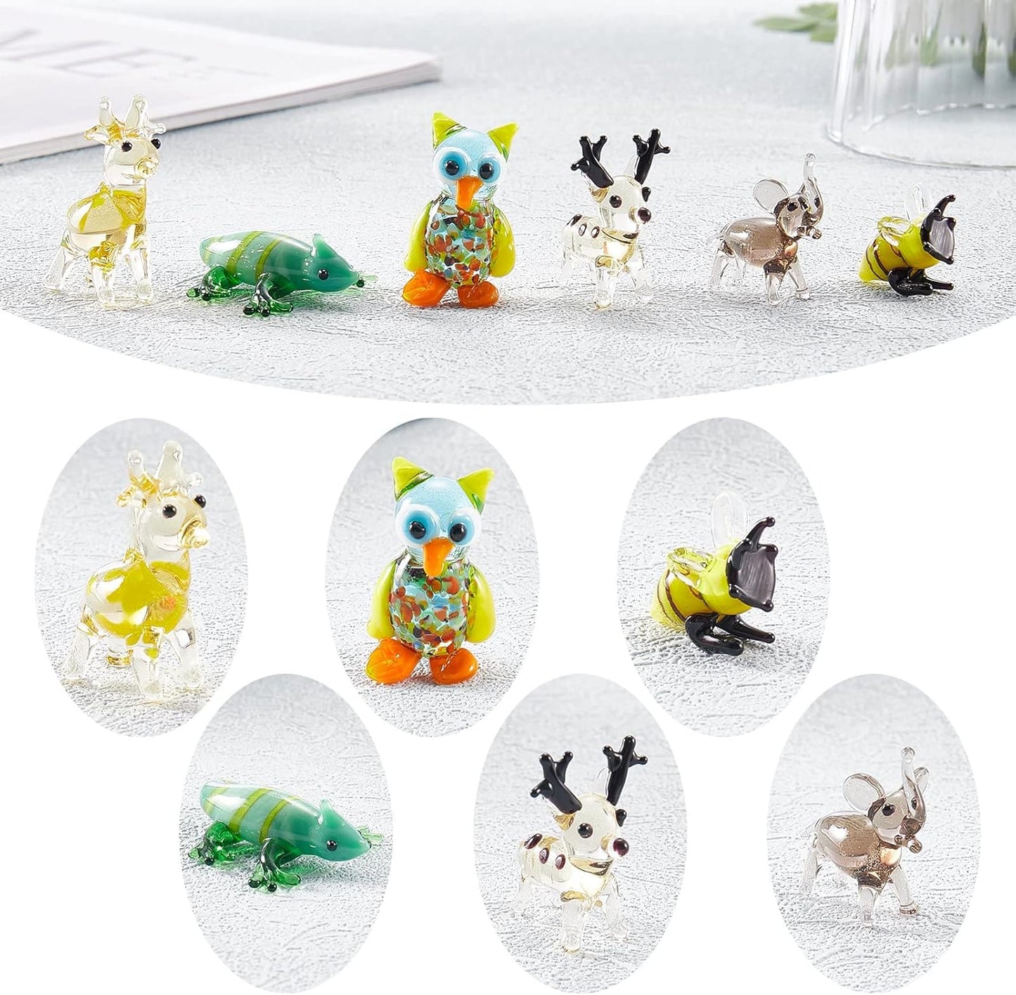 Skiennix 6Pcs Hand Blown Glass Figurines - Unique Christmas Reindeer, Birds, Giraffes & More for Home Decor & Gifts