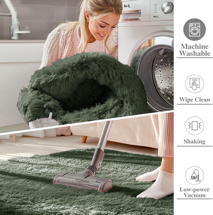 OLANLY Soft Fluffy Shaggy Bedside Rug - 2x3 Machine Washable Indoor Carpet in Olive Green