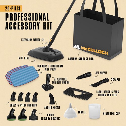 McCulloch Canister Steam Cleaner MC1375 - 90-Minute Runtime, 20 Accessories for Home & Car Detailing