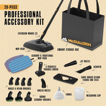 McCulloch Canister Steam Cleaner MC1375 - 90-Minute Runtime, 20 Accessories for Home & Car Detailing