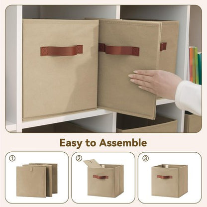 GRANNY SAYS Cube Storage Bins - 11-Inch Foldable Organizer with PU Handle, Khaki | 6-Pack for Closet & Shelves