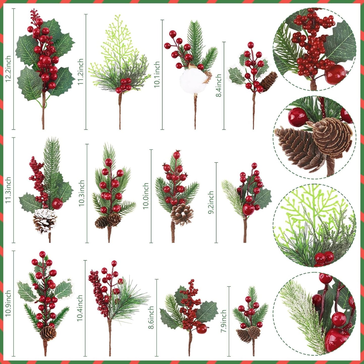 Pinecones Red Berry Picks - 12 Pcs Christmas Floral Stems for Wreaths, Garlands & Tree Decor