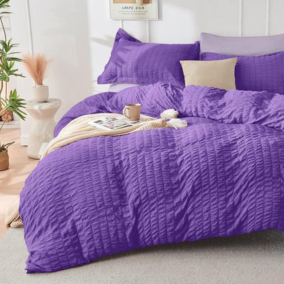 HYMOKEGE Twin Comforter Set - Dark Purple & Lavender Seersucker | 5-Piece All-Season Luxury Bedding Set