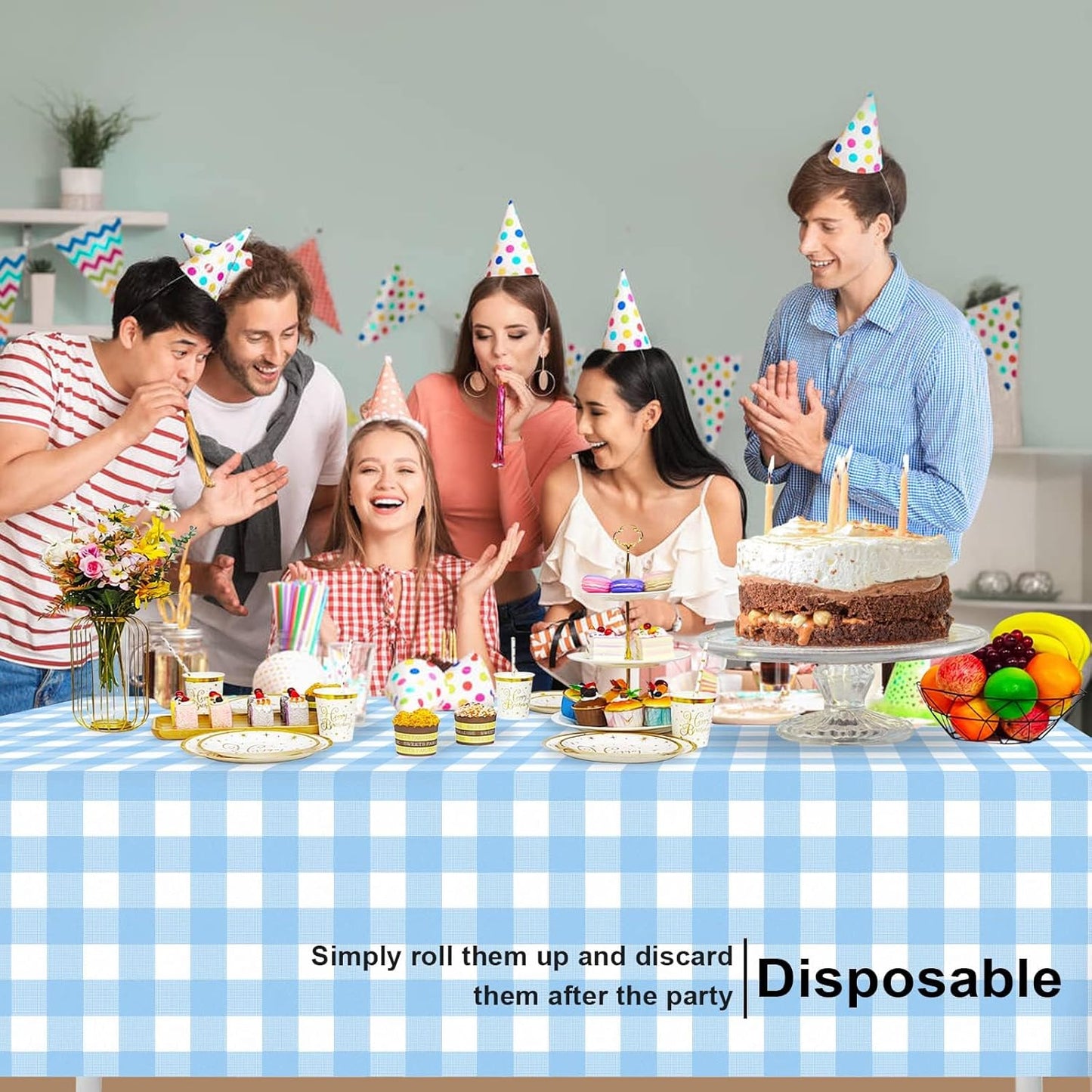 Regine Switzerland Blue Checkered Tablecloth - 2 Pack Waterproof Disposable 54 x 108 Inch for Parties & Picnics