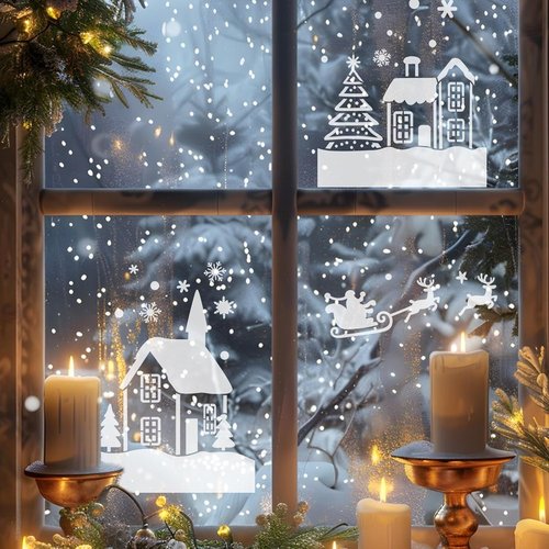 8 Pcs Large Christmas Window Stencils - Reusable Holiday Templates for Glass, Wood & Fabrics | Winter House, Reindeer & Santa Claus Designs