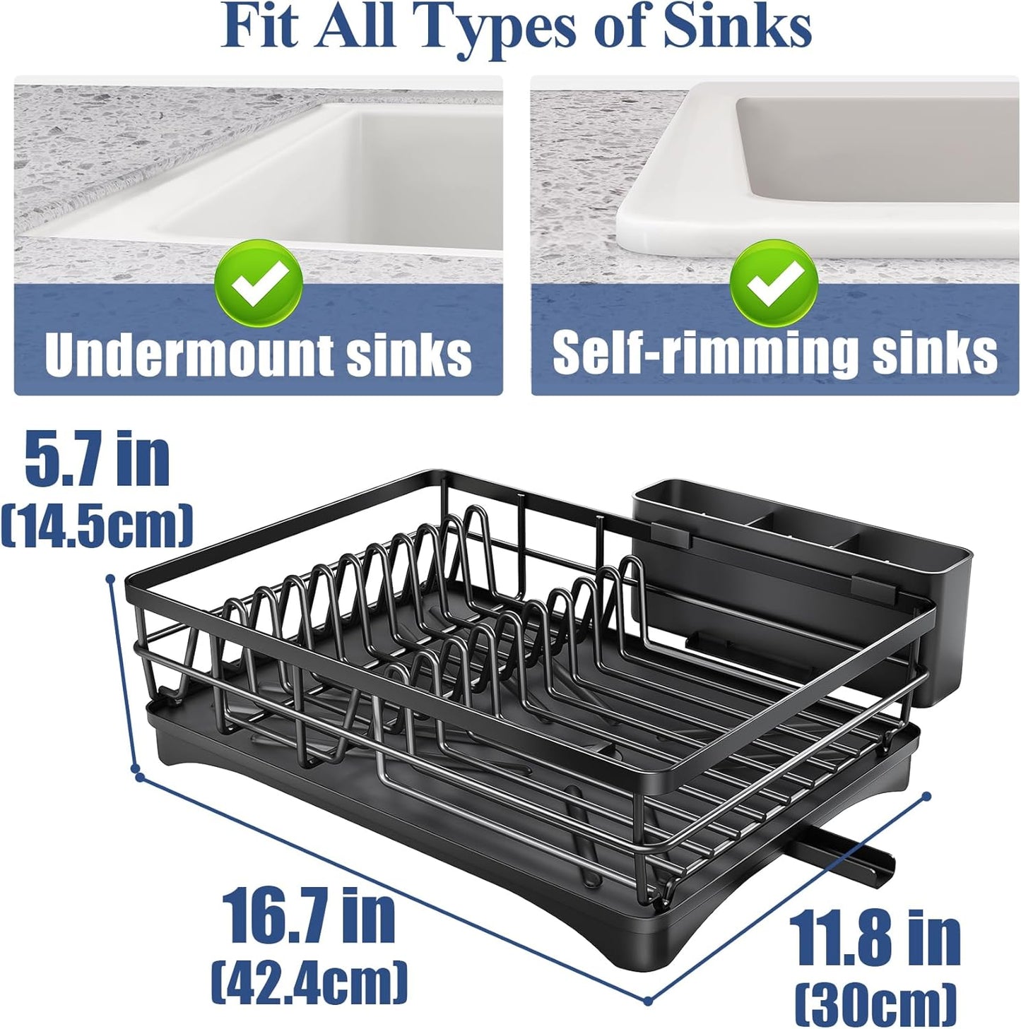 SNTD Dish Drying Rack - Large Rustproof Kitchen Dish Drainer with Drainboard & Utensil Holder | Black