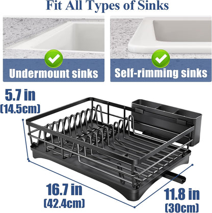 SNTD Dish Drying Rack - Large Rustproof Kitchen Dish Drainer with Drainboard & Utensil Holder | Black