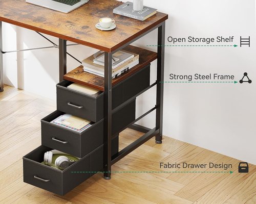 AODK 32" Small Computer Desk - Vintage Kids Study Writing Desk with Fabric Drawers & Storage Shelf
