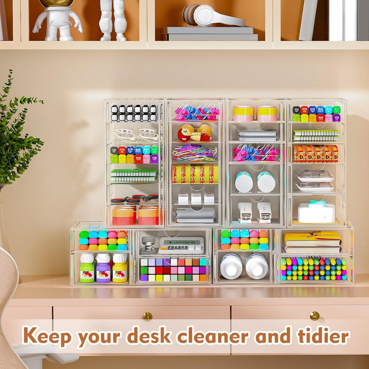 Skiennix Acrylic Makeup Organizer - 13 Drawer Bathroom & Desk Storage Solution | 3 Pack