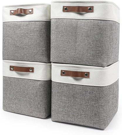 Bagnizer 13x13 Cube Storage Bins - Collapsible Fabric Boxes for Organizing Toys, Clothes | 4 Pack (Grey & White)