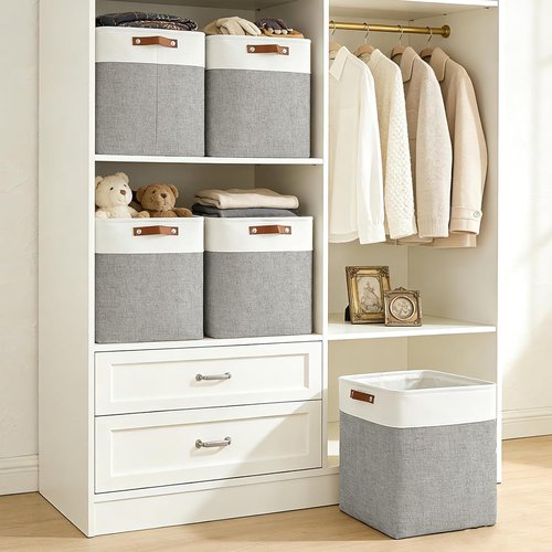 Bagnizer Large Fabric Storage Baskets - 50L Decorative Linen Bins with Handles for Home & Office | 17x12x15 Inches (Grey & White)