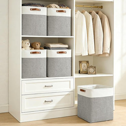Bagnizer Large Fabric Storage Baskets - 50L Decorative Linen Bins with Handles for Home & Office | 17x12x15 Inches (Grey & White)