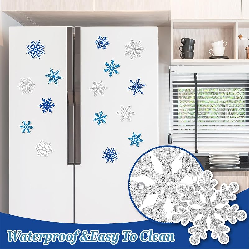 Whaline Blue Silver Snowflake Refrigerator Magnets - 15 Pcs Christmas Kitchen Door & Car Decor