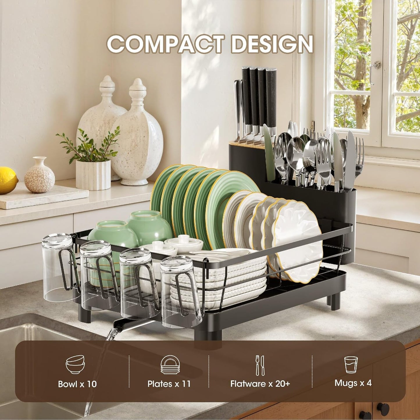 Runnatal Stainless Steel Dish Drying Rack - Large Capacity with Detachable Utensil Holder | Black