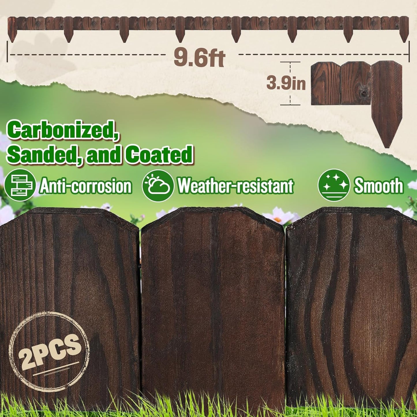 Sturdy Wood Garden Edging by [Brand Name] - 9.6ft Landscape Border, Anti-Corrosive & Low-Profile Design for Flower Beds & Paths