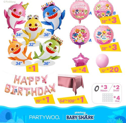 Baby Shark | PartyWoo 37-Piece Foil Balloon Set - Pink Round & Star Mylar Birthday Decorations