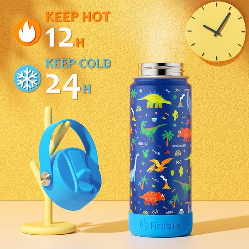 Fimibuke Kids Insulated Water Bottle - 18oz BPA-Free Stainless Steel Tumbler with Straw | Green Dinosaur Design