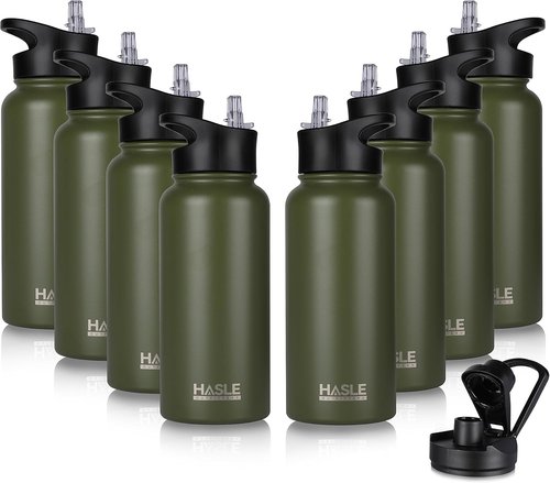 HASLE OUTFITTERS 32 oz Insulated Stainless Steel Water Bottle - Double Walled with 2 Lids for Gym & Hiking (Army Green)