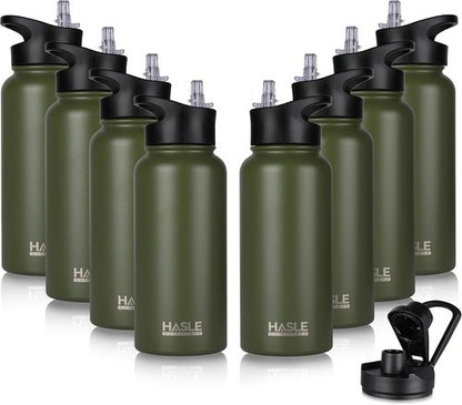 HASLE OUTFITTERS 32 oz Insulated Stainless Steel Water Bottle - Double Walled with 2 Lids for Gym & Hiking (Army Green)
