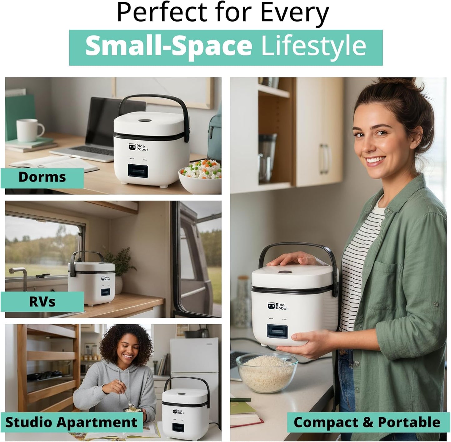 Rice Robot Personal Rice Cooker - PFAS-Free Nonstick Design | 1 Quart Capacity with Steamer Tray & Recipe Book