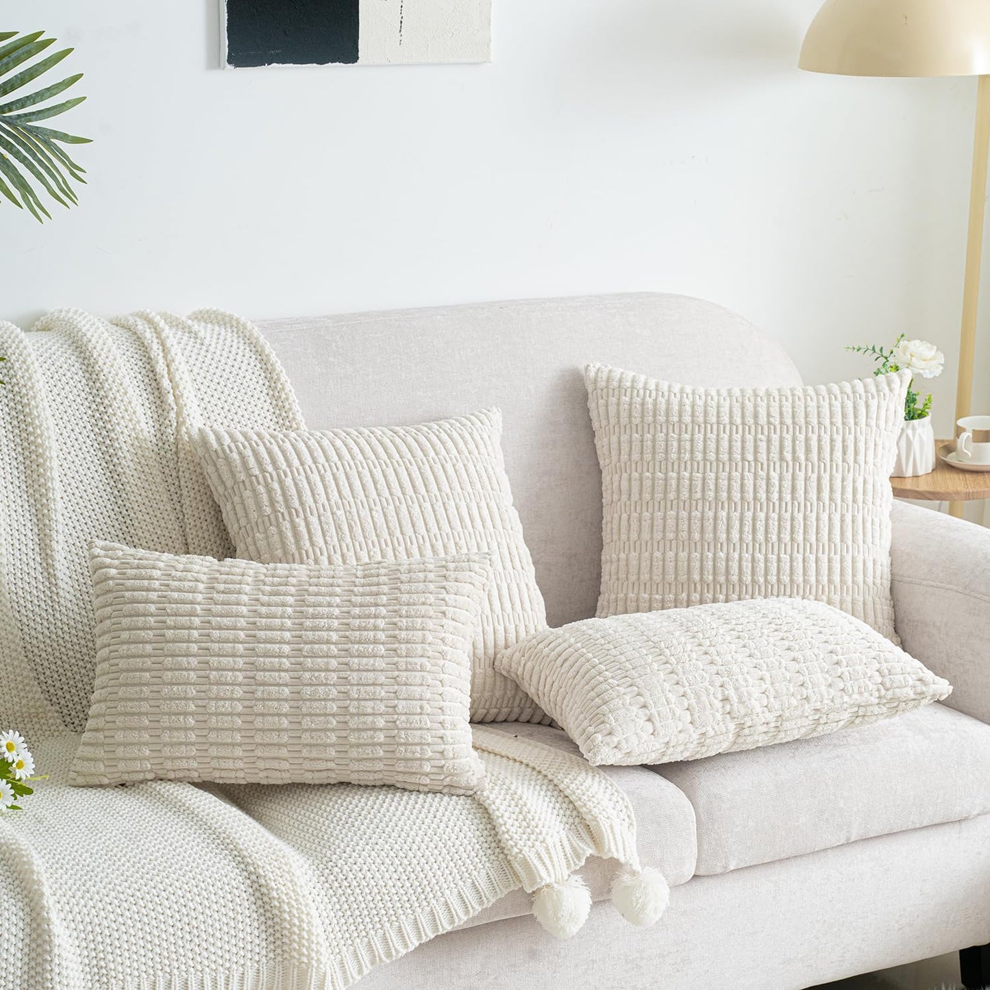 Skiennix Corduroy Throw Pillow Covers - Soft Boho Striped Design | 18x18 Inch Cream White Set of 2