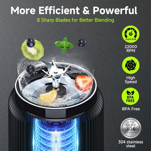 COKUNST Portable Blender - Compact 17oz Smoothie Maker with 8 Blades & LED Display | USB-C Rechargeable, Black