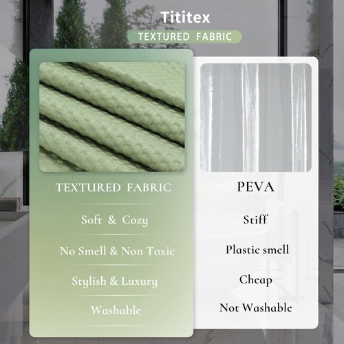 Tititex Solid Sage Green Cloth Fabric Shower Curtain Liner with 2 Magnets - Texture Soft Hotel Quality Waterproof Shower Liner, Light-Weight & Machine Washable 60x72 inch