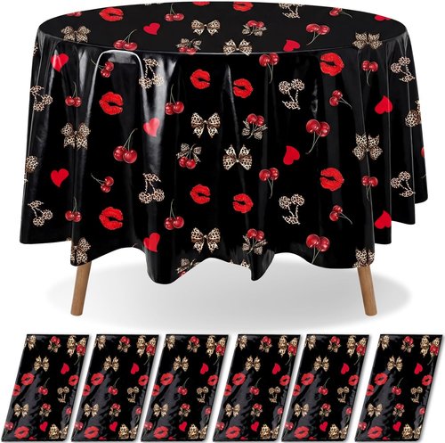 Ganeen 6 Pcs Cheetah Cherry Plastic Tablecloths - 84 Inch Red & Black Leopard Design for Parties & Events