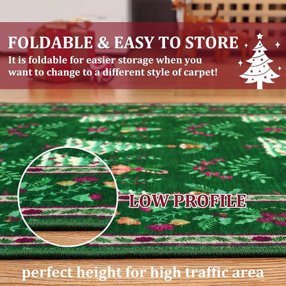 Green Christmas Tree & Floral Rug 8x10, Low-Pile Non-Slip Indoor Accent Rug