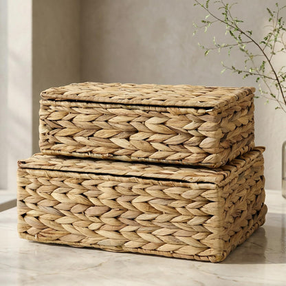 Skiennix Decorative Storage Boxes - Set of 2 Stylish Wicker Organizer Bins for Home Decor | Safely Store Photos & Keepsakes