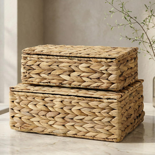 Skiennix Decorative Storage Boxes - Set of 2 Stylish Wicker Organizer Bins for Home Decor | Safely Store Photos & Keepsakes