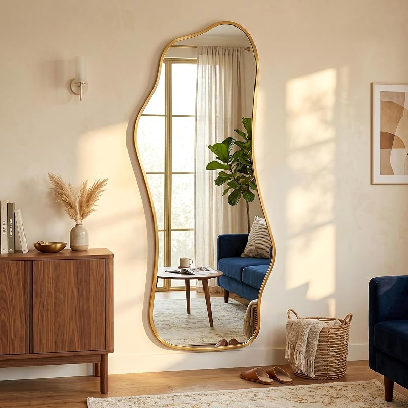 Irregular Full Length Floor Mirror 62.2" x 22.8" with Gold Frame – Wavy Modern Design, 1:1 Reflection