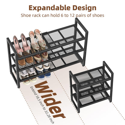 Simple Trending 3-Tier Expandable Shoe Rack, Adjustable & Stackable Shoe Organizer, Metal Mesh Free Standing Shoe Shelf Storage for Closet Entryway Doorway, Black