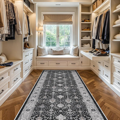 Regine Switzerland Washable 4x12 Hallway Runner Rug - Vintage Soft Carpet, Stain Resistant, Non-Slip Backing, Black