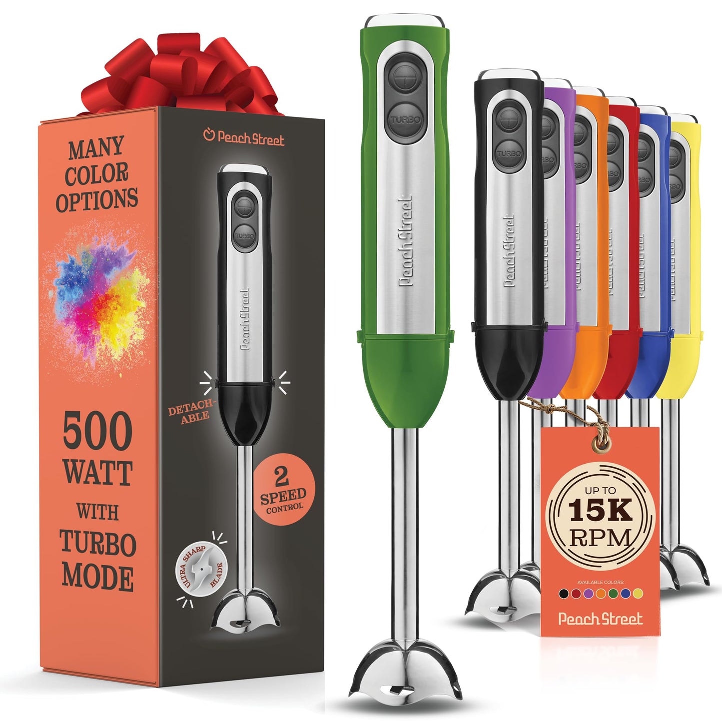 Powerful Immersion Blender, Electric Hand Blender 500 Watt with Turbo Mode, Detachable Base. Handheld Kitchen Blender Stick for Soup, Smoothie, Puree, Baby Food, 304 Stainless Steel Blades (Green)