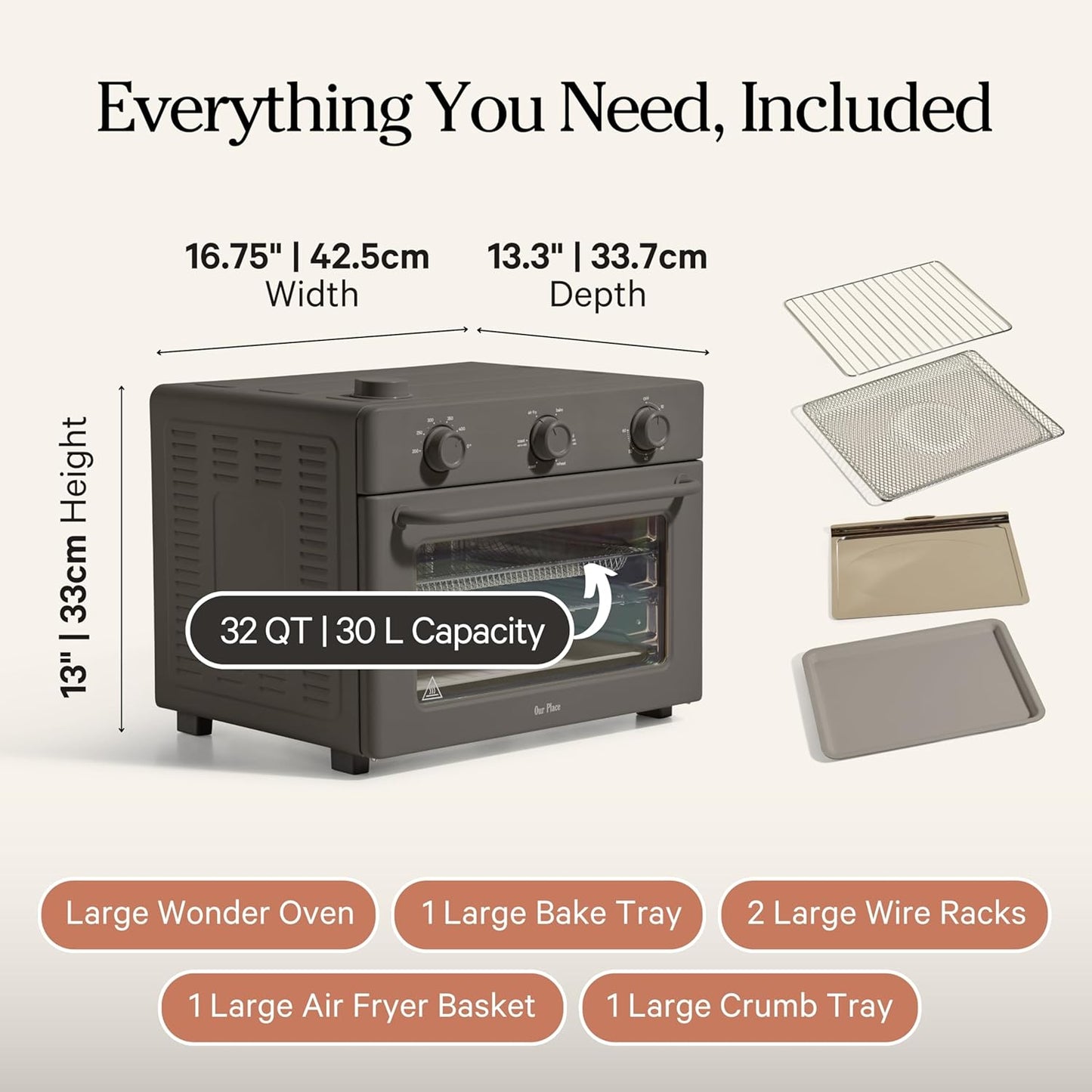 Our Place Large Wonder Oven - 6-in-1 Stainless Steel Air Fryer Toaster Oven | 32 QT Capacity - Toast, Roast, Bake, Reheat, Broil & Steam | Char