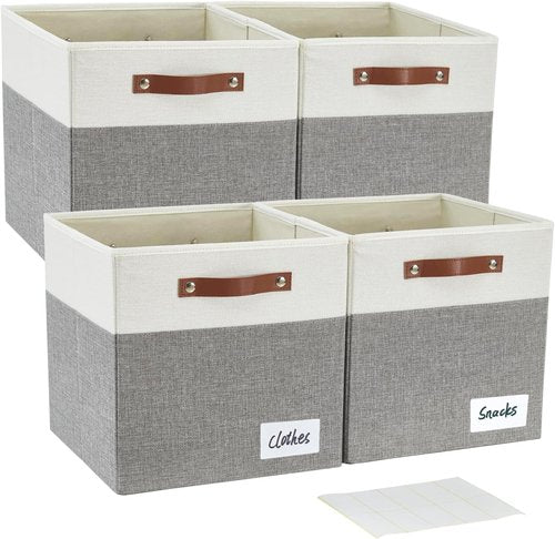Bagnizer Collapsible Storage Cube Bins - Foldable Organizer Baskets with 2 Handles | 13"x13"x13", Gray & White, 4 Pack