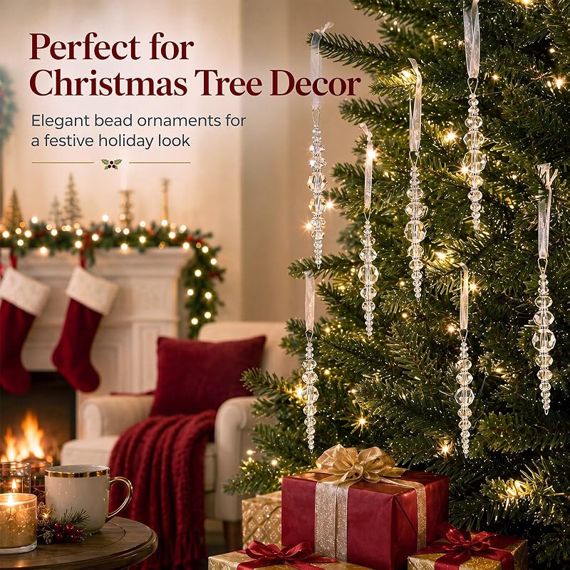 Hollowfly 12 Pcs Clear Acrylic Icicle Ornaments Beaded Drops - 4.1in, Variation: Clear+12