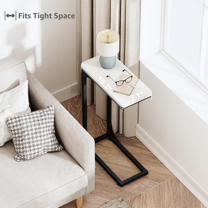 QEEIG Narrow C Shaped Side Table Set - Slim Modern Couch Tray Tables in White & Black | 7-Inch Width