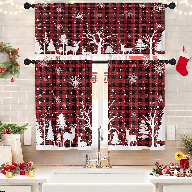 Christmas Kitchen Curtains Tier Set - Red Plaid, 3 Pieces (Valance + 2 Panels) - Variation: Christmas Red Plaid