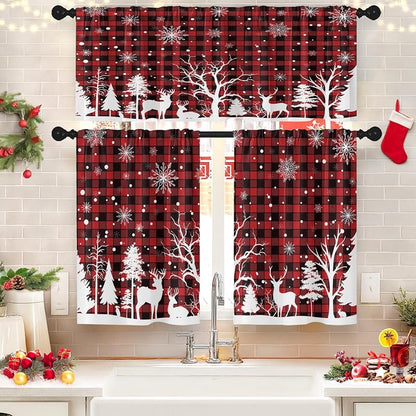 Christmas Kitchen Curtains Tier Set - Red Plaid, 3 Pieces (Valance + 2 Panels) - Variation: Christmas Red Plaid