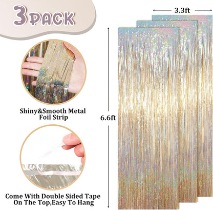 Voircoloria Foil Fringe Backdrop Curtains - 3.3 x 6.6 Ft Tinsel Streamers for Parties | Champagne Color