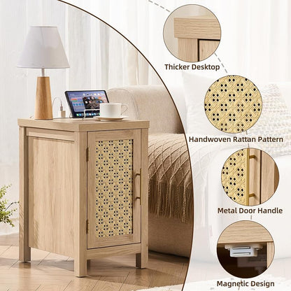 Rattan Nightstand Set of 2 with Charging Station — Natural Wood + Variation of THIS listing