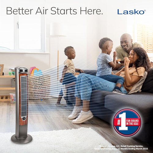 Lasko Oscillating Tower Fan - Quiet Remote-Controlled Floor Fan for Bedroom | 42" Woodgrain & Grey