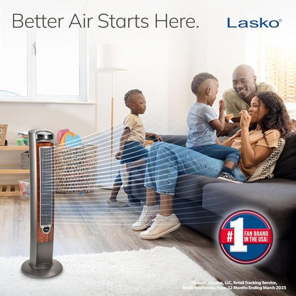 Lasko Oscillating Tower Fan - Quiet Remote-Controlled Floor Fan for Bedroom | 42" Woodgrain & Grey