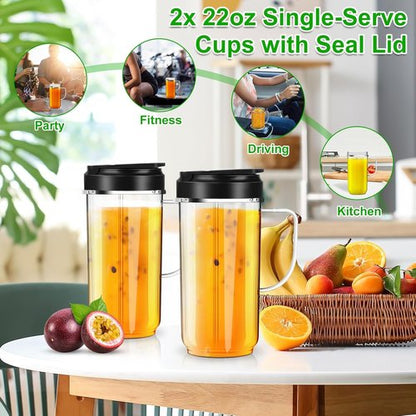 Magic Bullet Blender Cups - 22oz Tall Replacement Cups with Flip Top Lid & Handle | 2 Pack