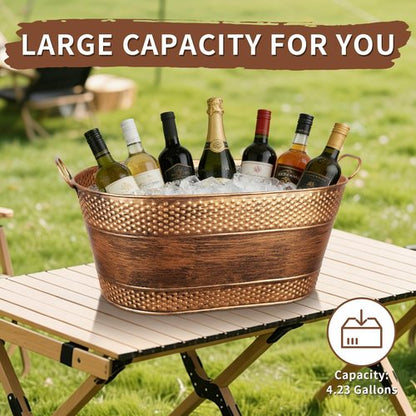 4 Gallon Galvanized Beverage Tub, 2 Pcs Heavy-Duty Copper Ice Buckets Large Galvanized Drink Buckets Oval Metal Beverage Ice Tub with Handles for Catering Bars Parties