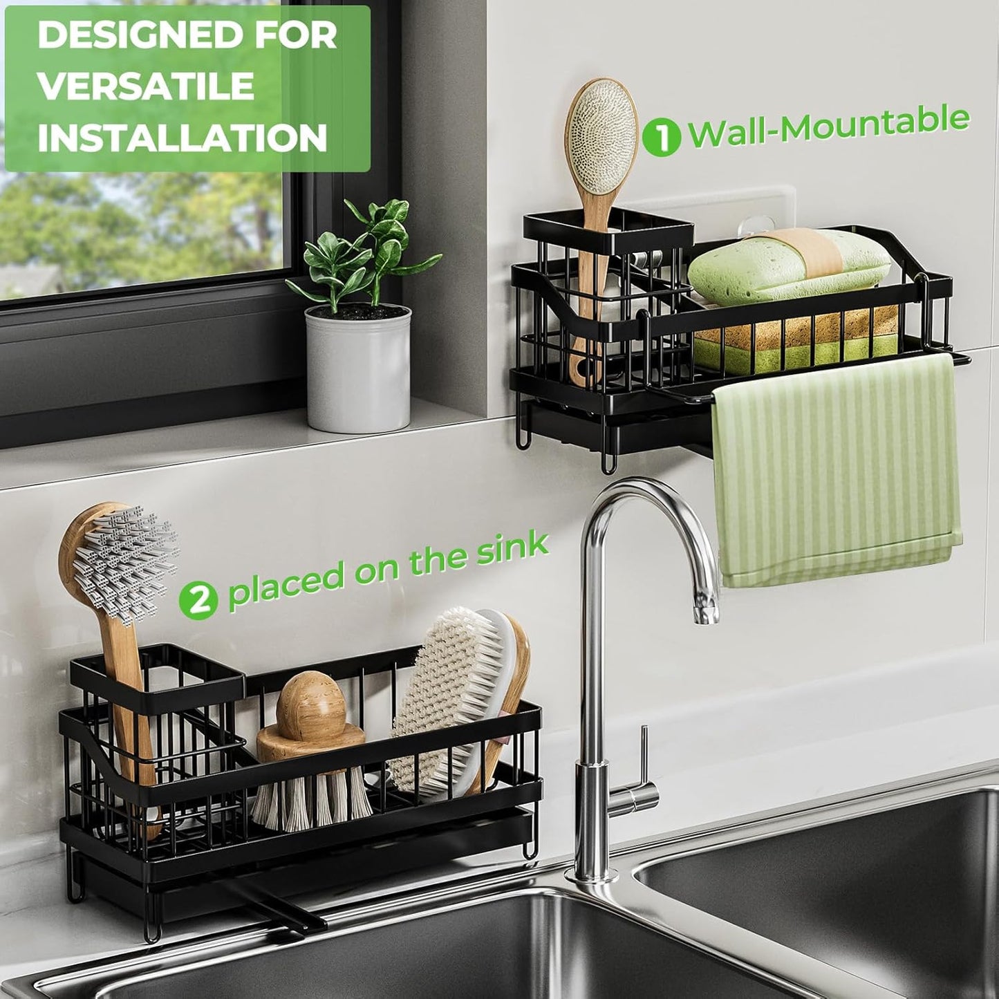 Sink Caddy Kitchen Organizer - Wall-Mounted Sponge Holder & Brush Storage | Rustproof 304 Stainless Steel
