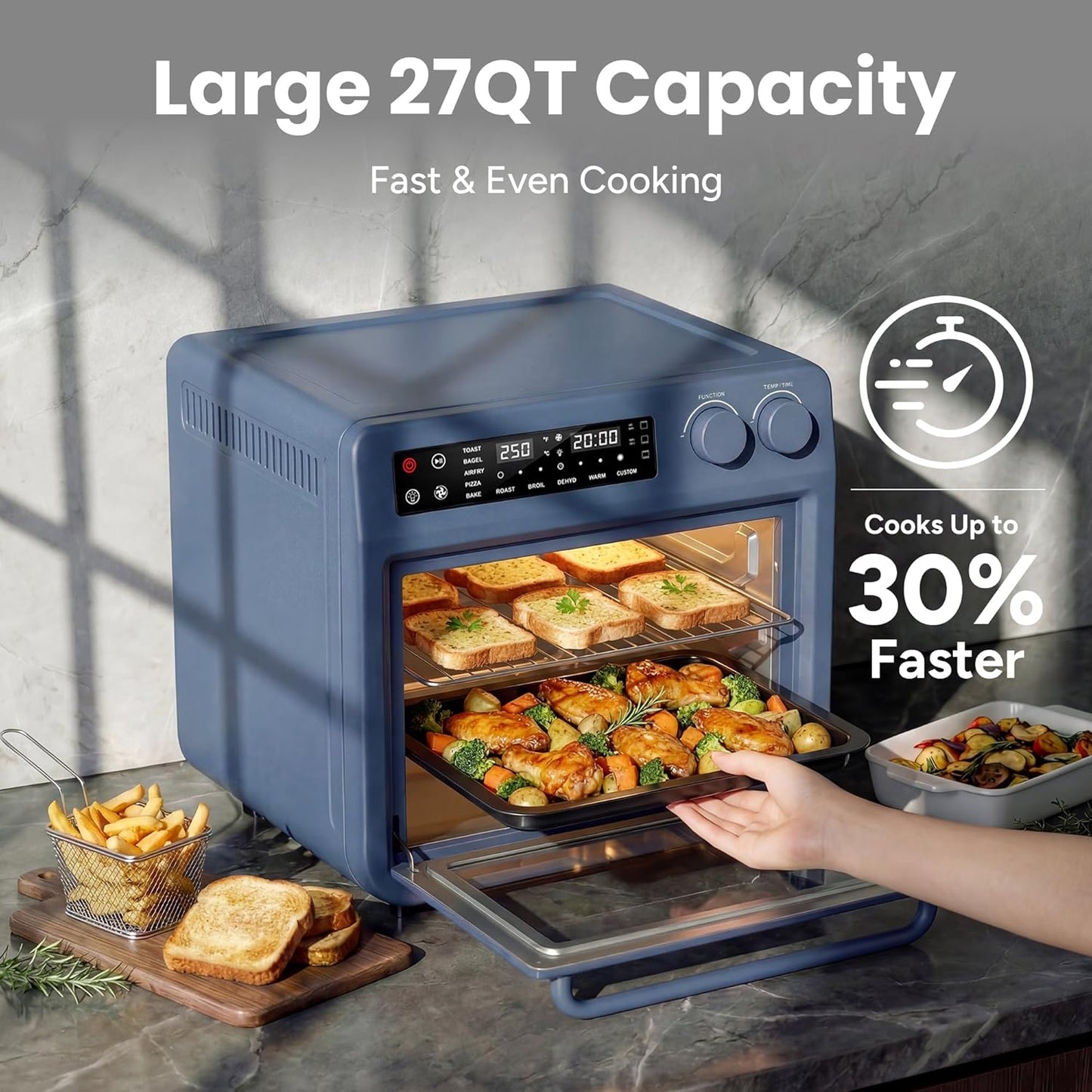SMIRLY Digital Air Fryer Toaster Oven - 27QT Convection Oven | 10-in-1 Multi-Function, Fits 12" Pizza & 6 Slices of Toast, Stainless Steel, Blue