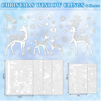 Winter Window Clings 6 Sheets Snowflake Reindeer Pine Decor - Reusable PVC Window Decals